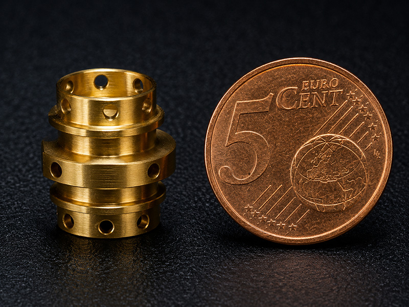 EMG_Drehteile-2 Ein kleines, zylindrisches, goldfarbenes Metallteil mit mehreren Löchern liegt neben einer 5-Eurocent-Münze auf einer schwarzen, strukturierten Oberfläche, wodurch die Größe des Teils verdeutlicht wird.