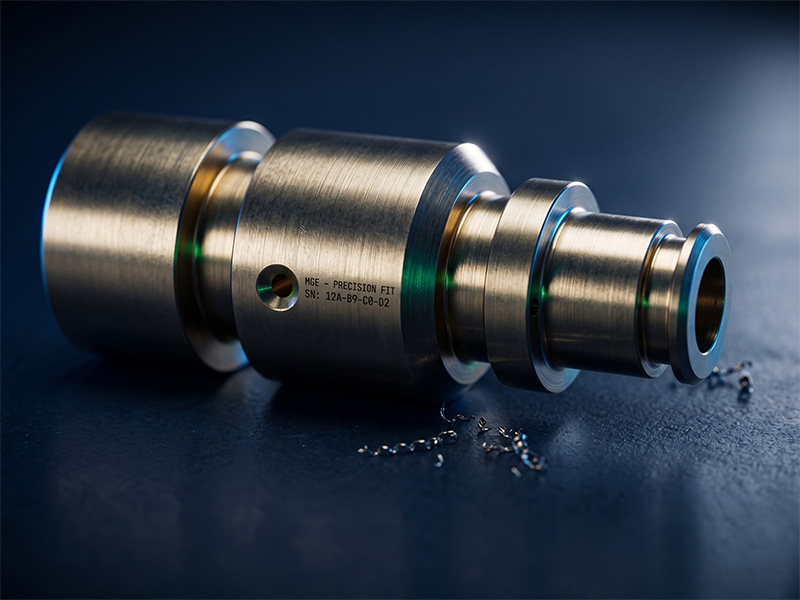 EMG_Drehteile-2 Ein metallisches, zylindrisches Präzisionsbauteil mit eingraviertem Text liegt auf einer dunklen Oberfläche, daneben sind kleine Metallspäne verstreut. Die Oberfläche reflektiert dezente blaue und grüne Reflexe.