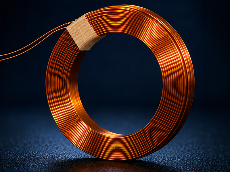 EMG_Kupferdrahtspule auf dunklem Hintergrund Eine ordentlich aufgerollte Rolle aus glänzendem Kupferdraht steht aufrecht auf einer dunklen, strukturierten Oberfläche, wobei ein kleines Stück Klebeband die Rolle oben zusammenhält.