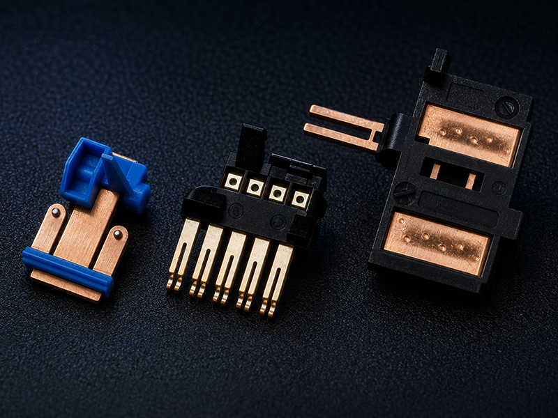 Detailaufnahme von elektrischen Steckverbindern Auf einer dunklen, strukturierten Oberfläche sind drei elektronische Steckverbinder mit goldfarbenen Metallkontakten und schwarzen sowie blauen Kunststoff-Spritzgussteilen angeordnet. Die Steckverbinder unterscheiden sich in Form und Größe.
