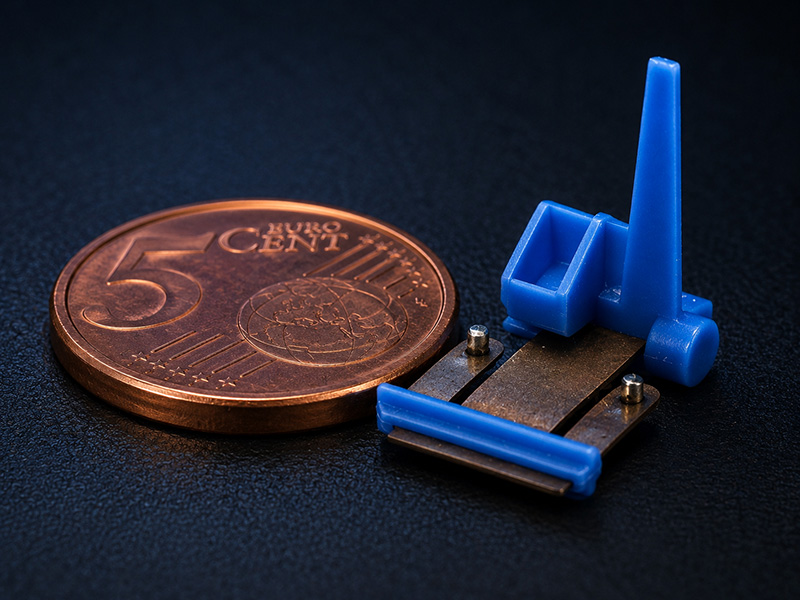 Detailaufnahme von elektrischen Steckverbindern Ein winziges blaues Gabelstapler-Modell aus Kunststoff liegt neben einer 5-Eurocent-Münze auf einer dunklen Oberfläche, wodurch die geringe Größe des Spielzeugs im Vergleich zur Münze deutlich wird.