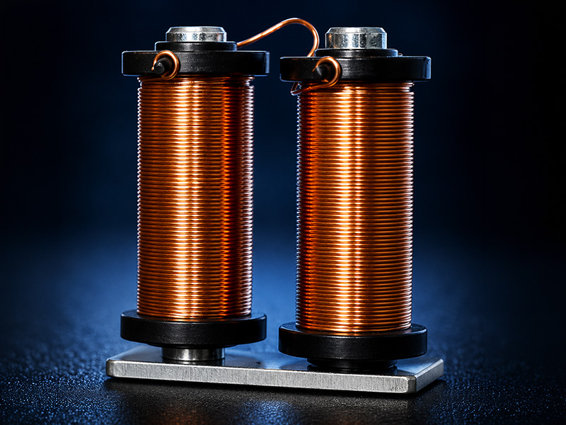 Kupferdrahtspulen auf Metallbasis Zwei vertikale Spulen aus Kupferdraht sind um schwarze Spulen gewickelt, die nebeneinander auf einem Metallsockel befestigt sind; ein Draht verbindet die oberen Enden der Spulen vor einem dunklen Hintergrund.