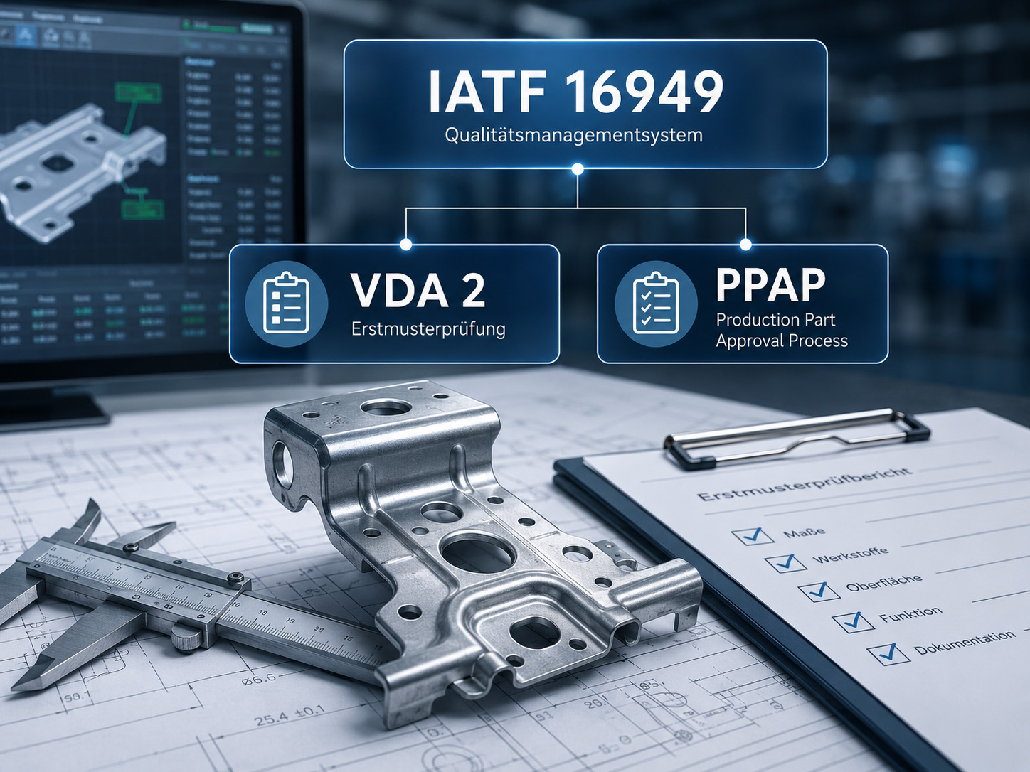 Ein Metallbauteil für die Automobilindustrie auf technischen Zeichnungen, daneben ein Messschieber, ein Klemmbrett und ein Computer, auf dem eine CAD-Software zu sehen ist. In Einblendungen werden die Qualitätsmanagementsysteme IATF 16949, VDA 2 und PPAP auf Deutsch und Englisch hervorgehoben.