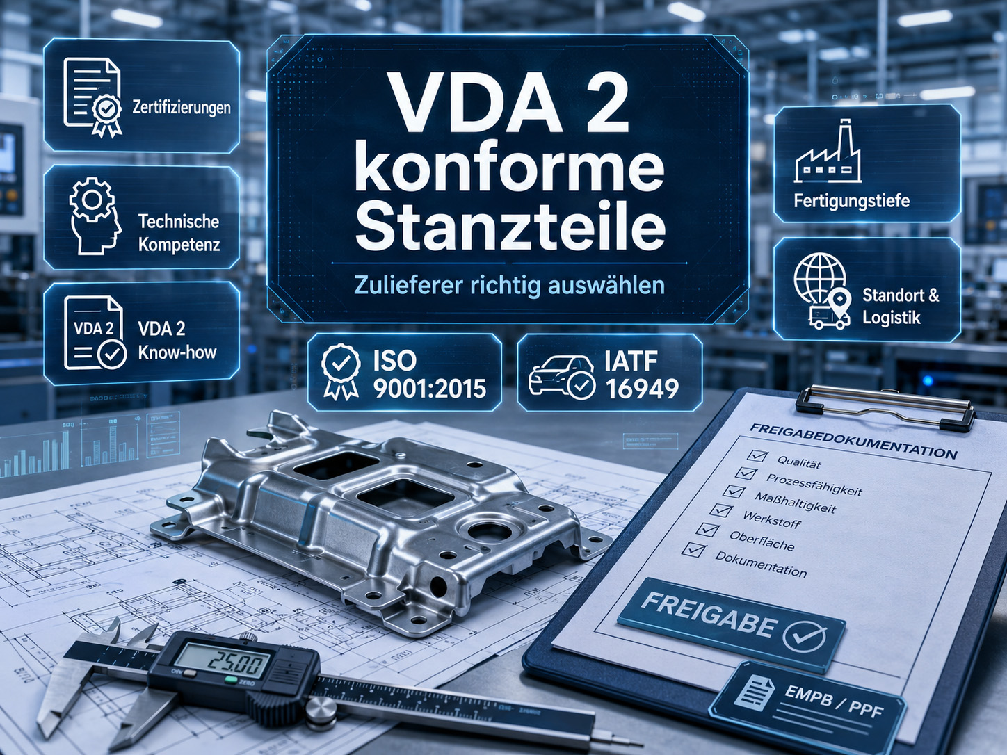 Metallbauteil für die Automobilindustrie mit Messwerkzeugen, einem Klemmbrett mit der Aufschrift „Freigabedokumentation“ sowie digitalen Einblendungen, die die Einhaltung der VDA-2-Norm, Zertifizierungen, Logistik und technische Kompetenz in deutscher Sprache hervorheben.