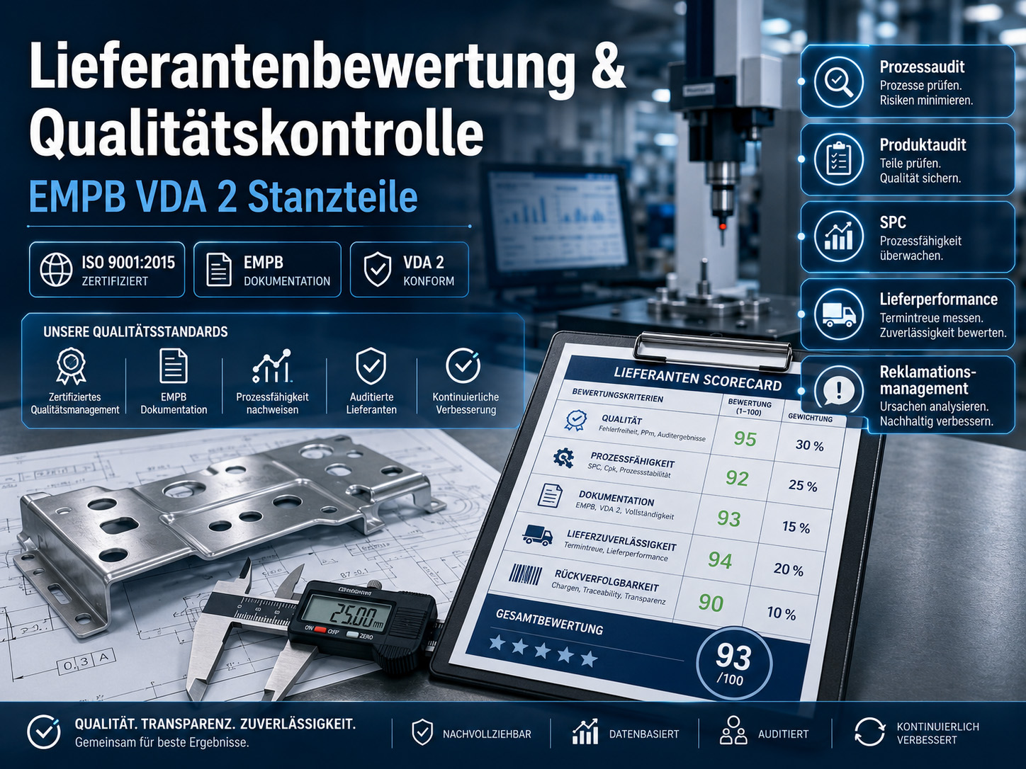 Ein Dashboard zur Qualitätskontrolle in der Fertigung auf Deutsch zeigt Lieferantenbewertungen, Qualitätskennzahlen, Metallteile, ein Tablet mit Bewertungen sowie Symbole für Prozess-, Produkt-, SPC-, Leistungs- und Reklamationsmanagement.