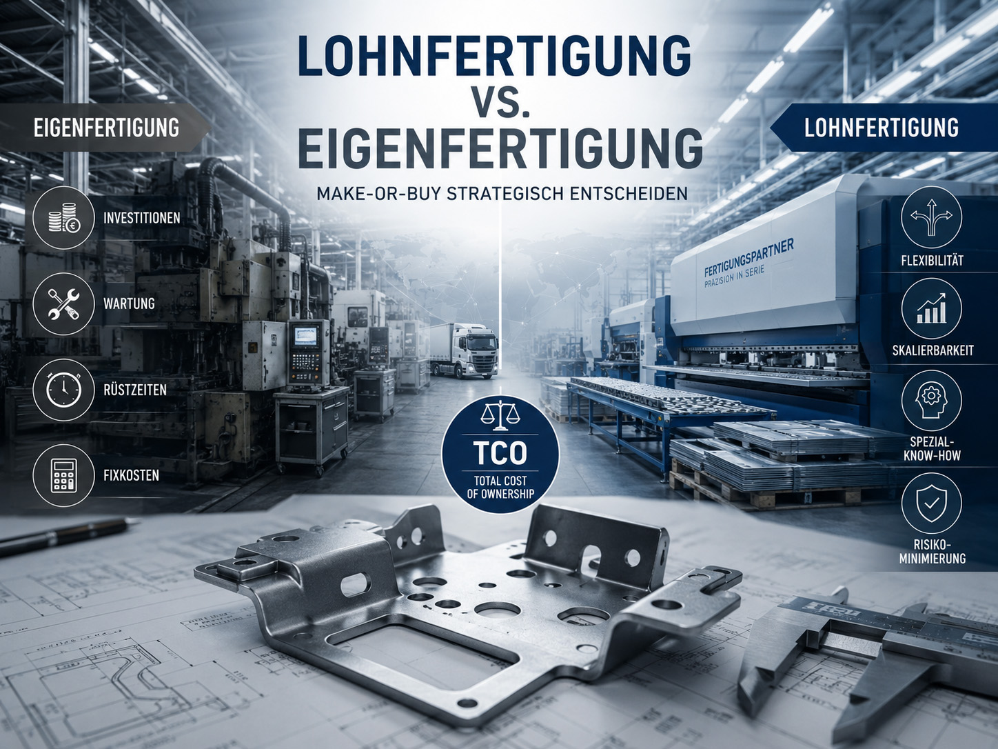 In einer Fabrik liegt ein Metallteil auf technischen Zeichnungen. Ein Text in deutscher Sprache vergleicht die Lohnfertigung mit der Eigenfertigung und listet dabei Faktoren wie Flexibilität, Investitionsaufwand und Gesamtbetriebskosten auf.