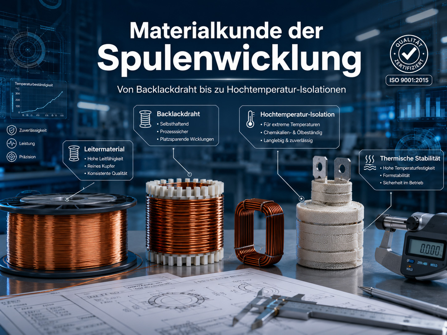 Auf einem Tisch liegen verschiedene Drahtspulen, Spulen und ein Metallbauteil neben technischen Zeichnungen. Auf den Beschriftungen werden Eigenschaften wie Flexibilität, Qualität und thermische Stabilität hervorgehoben. Deutscher Text über die Materialwissenschaft im Bereich der Spulenwicklung.