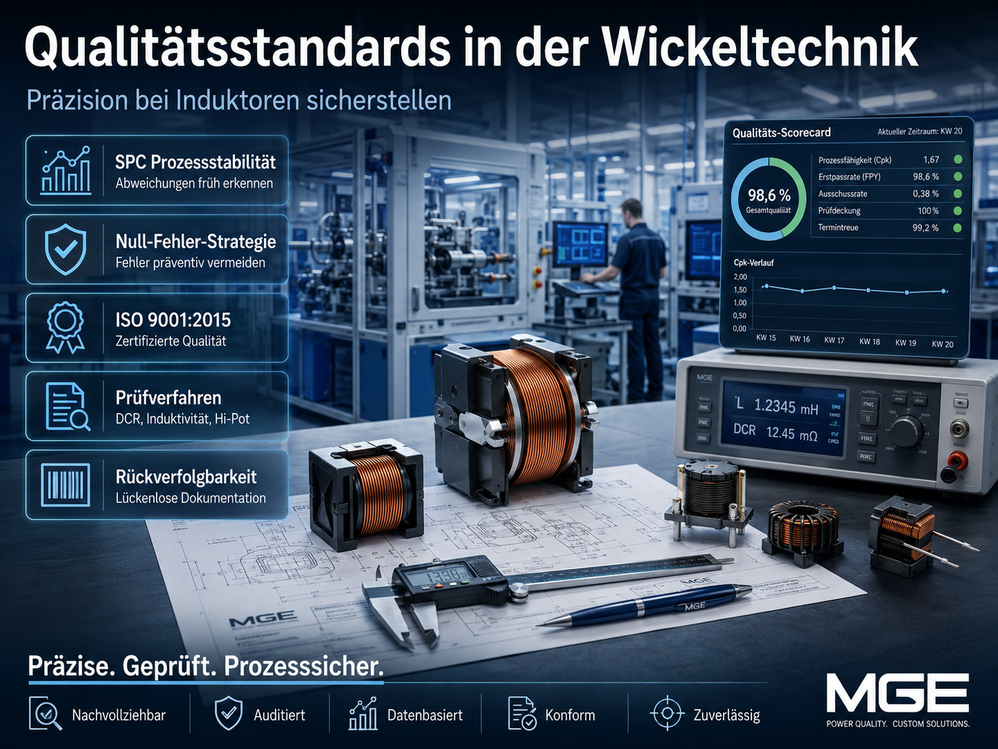 Eine Industriewerkstatt mit elektronischen Messgeräten und Kupferdrahtspulen. Der deutsche Text beschreibt Qualitätsstandards in der Wickeltechnik, darunter SPC, die Null-Fehler-Strategie, ISO 9001:2015, Prüfverfahren und Rückverfolgbarkeit. Das MGE-Logo ist abgebildet.
