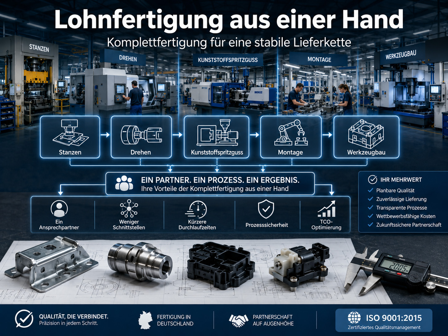 Eine deutschsprachige Infografik für ein Fertigungsunternehmen zeigt einen Fabrikhintergrund, Symbole für Produktionsprozesse (Stanzen, Drehen, Spritzguss, Montage, Werkzeugbau) sowie die Vorteile einer integrierten Fertigung, darunter die Zertifizierung nach ISO 9001:2015.