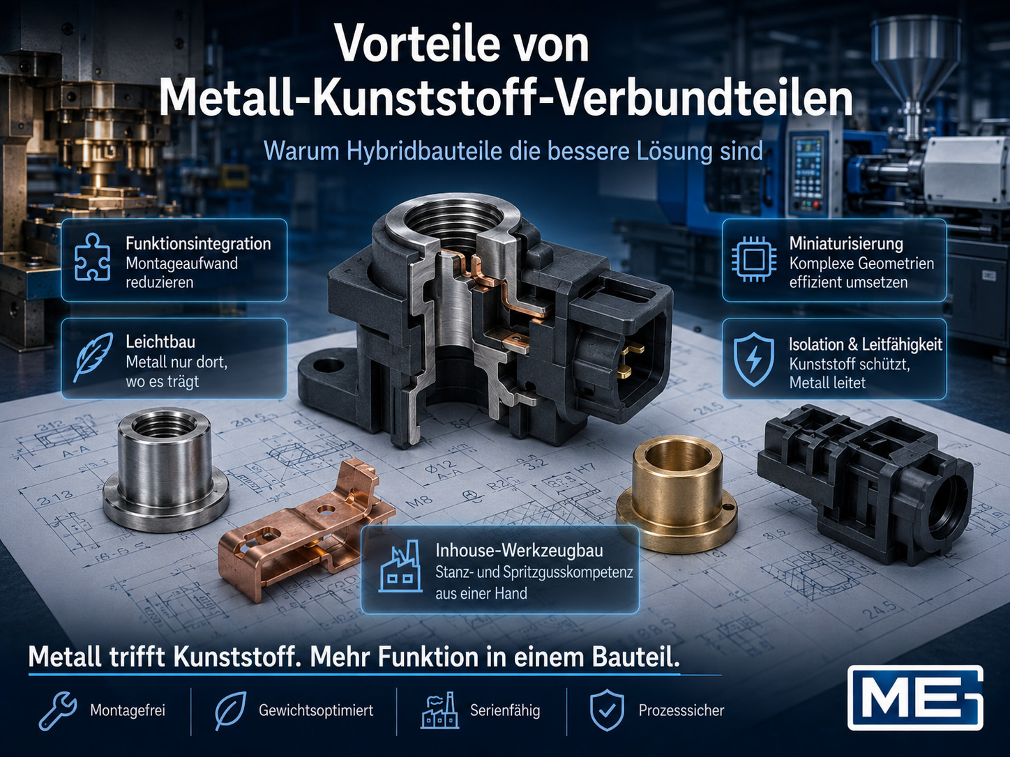 Auf einem Tisch in einer Fabrikumgebung sind mehrere Hybridkomponenten aus Metall und Kunststoff ausgestellt. Symbole heben Vorteile wie geringes Gewicht, Integration, Miniaturisierung, Isolierung und optimierte Fertigung hervor.