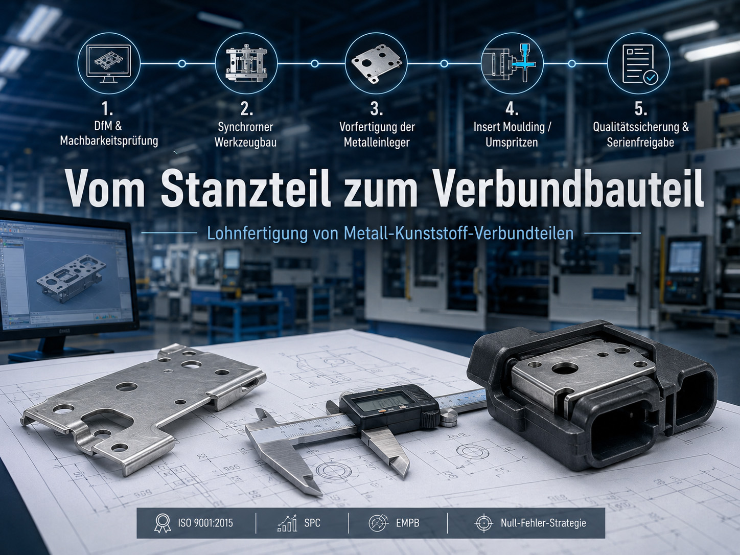 Ein Diagramm zeigt den Prozess vom Stanzteil bis zum Verbundbauteil in fünf Schritten vor dem Hintergrund einer Fabrik. Darunter sind technische Zeichnungen, Messschieber und Metallteile abgebildet. Der Prozess wird in deutscher Sprache beschrieben.