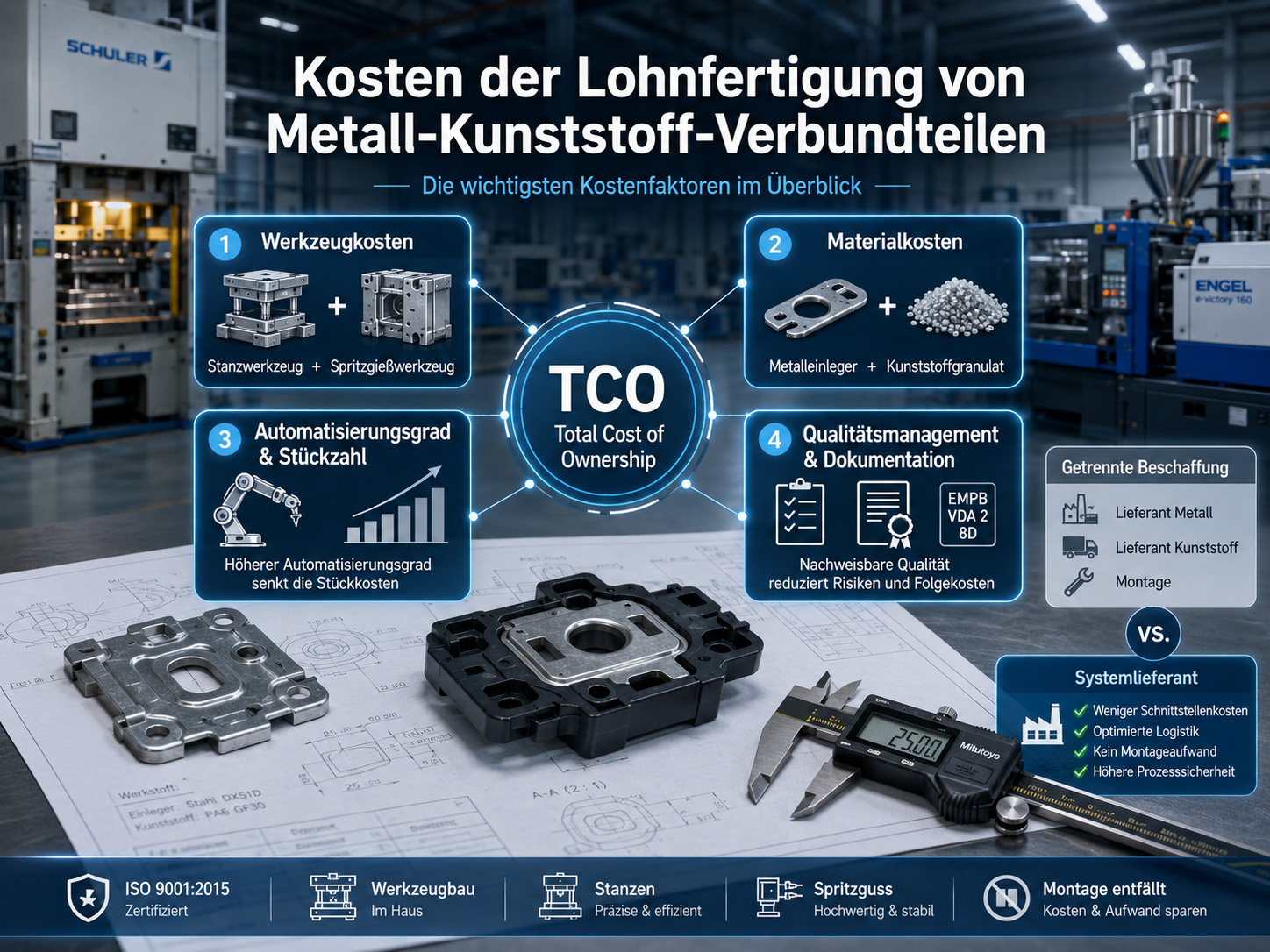 Infografik zu den Kosten der Lohnfertigung von Metall-Kunststoff-Verbundteilen, mit einem zentralen Kreis „TCO“, vier Hauptkostenfaktoren und Fotos von industriellen Bauteilen und Maschinen im Hintergrund.