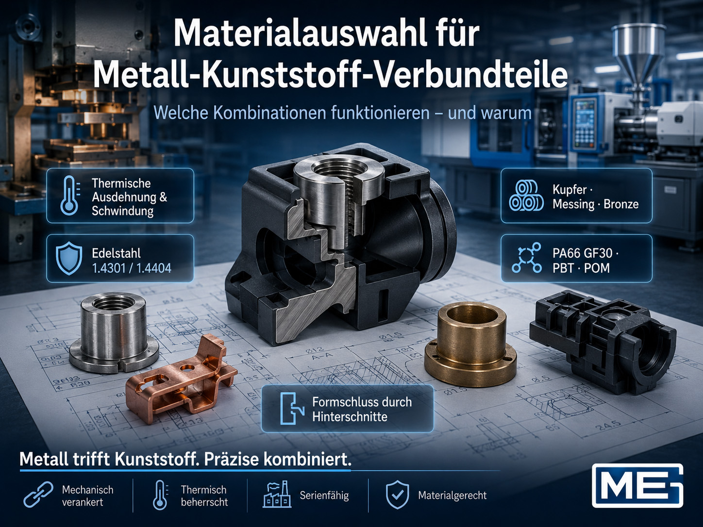 Darstellung verschiedener Metall-Kunststoff-Hybridbauteile in technischen Zeichnungen, ergänzt durch Erläuterungen zur Materialauswahl für Metall-Kunststoff-Verbundwerkstoffe; zu den beschrifteten Beispielen gehören Teile aus Stahl, Kupfer, PA66 GF30, PBT und POM.