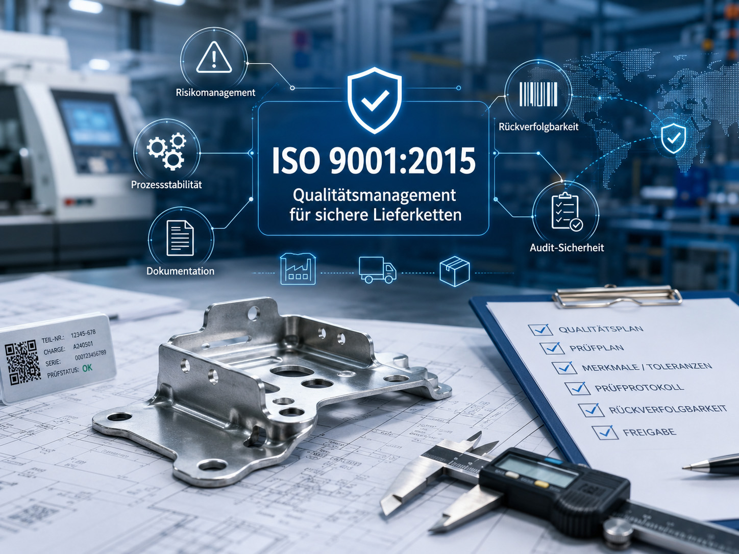 Ein Metallteil, eine Konstruktionszeichnung und ein Messschieber auf einem Arbeitstisch in einer Fabrik, zusammen mit einer Checkliste und digitalen Symbolen, die das Qualitätsmanagement nach ISO 9001:2015 für sichere Lieferketten hervorheben, auf Deutsch.