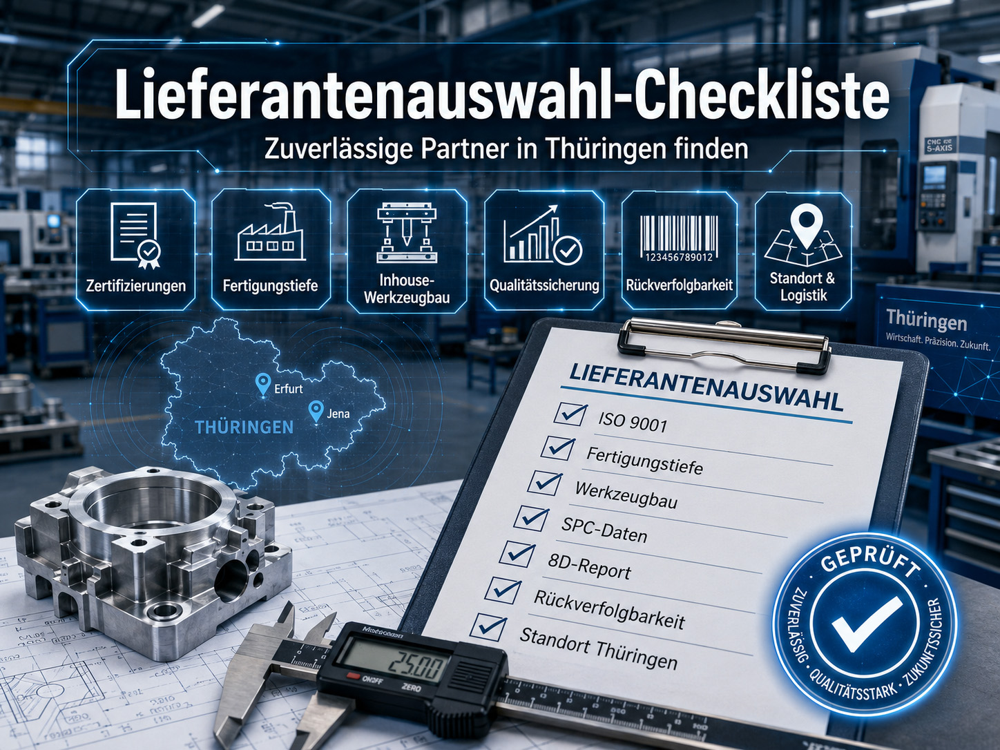 Auf einem Klemmbrett in einer Hightech-Fabrikumgebung ist eine Checkliste für die Lieferantenauswahl in Thüringen zu sehen, im Hintergrund sind Symbole für Zertifizierungen, Fertigung, Werkzeuge, Qualität und Logistik zu erkennen.