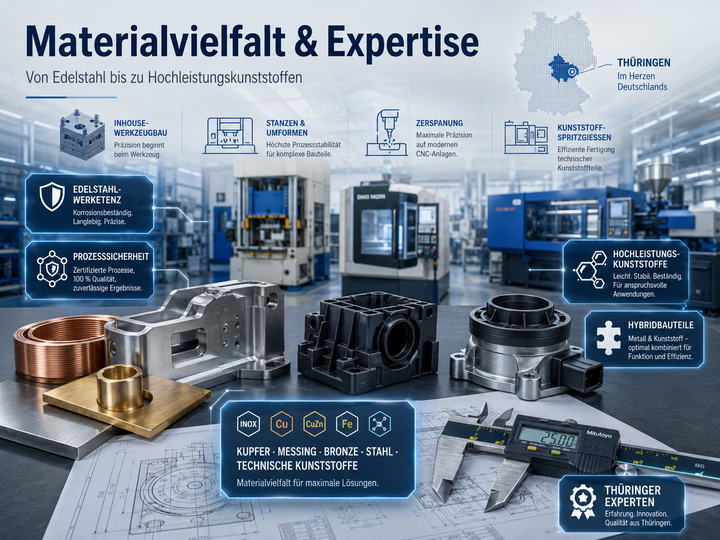 In einer modernen Fabrikkulisse werden verschiedene Metall- und Kunststoffkomponenten, technische Anlagen sowie digitale Symbole präsentiert, die die Kompetenz in den Bereichen Werkstoffe, Zerspanung und Kunststoffverarbeitung verdeutlichen; die Texte, die die Dienstleistungen erläutern, sind auf Deutsch verfasst.