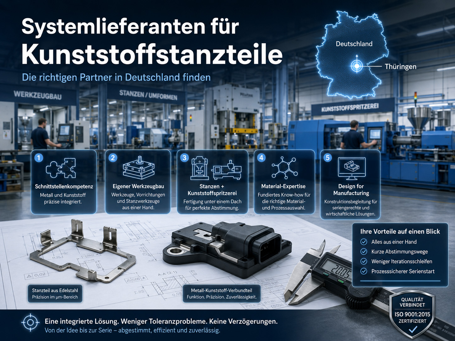 Eine geschäftige Fabrikhalle in Deutschland mit Arbeitern, Maschinen und großen blauen Bannern. Symbole heben Dienstleistungen wie den Werkzeugbau und die Materialkompetenz hervor. Auf einer Karte ist Thüringen eingezeichnet. Einblendung: Kunststoff- und Metallteile, Qualitätszertifikat.