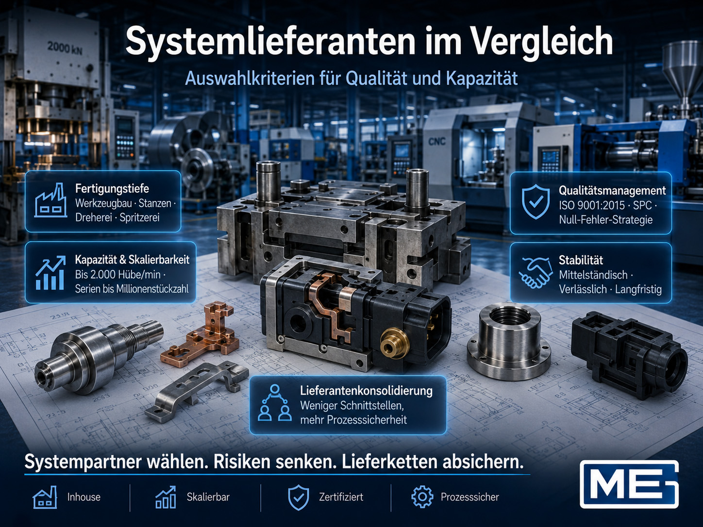 Eine Grafik zum Vergleich von Systemanbietern zeigt Metallbauteile sowie Industriesymbole für Fertigung, Qualität, Kapazität, Risiko und Prozesssicherheit sowie einen deutschen Text über Auswahlkriterien für Qualität und Kapazität in der Fertigung.