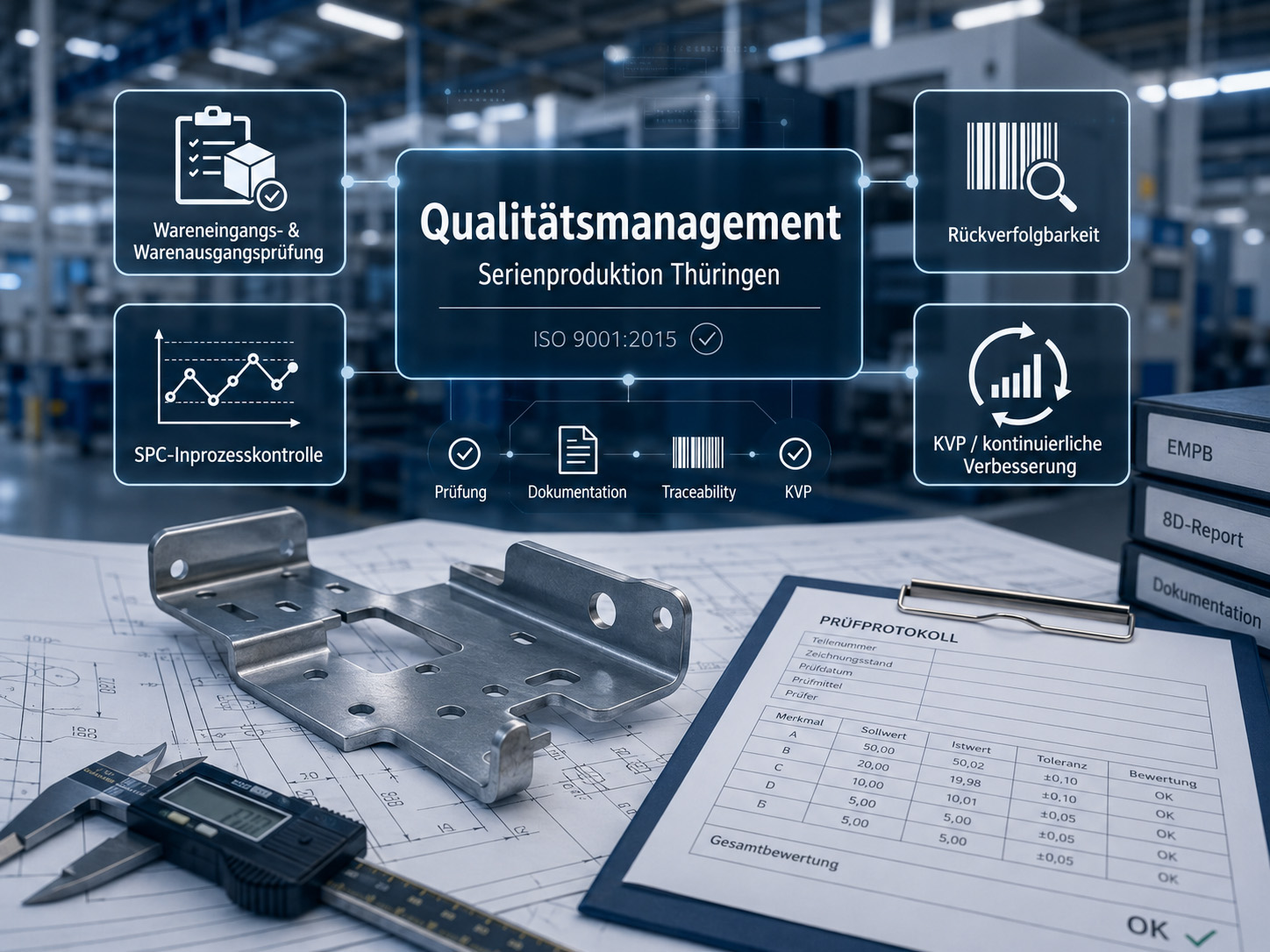 Eine Fabrikkulisse mit technischen Zeichnungen, Metallteilen und Messwerkzeugen im Vordergrund. Überlagerte Symbole und deutscher Text beschreiben Aspekte des Qualitätsmanagements wie Rückverfolgbarkeit, Dokumentation und kontinuierliche Verbesserung.