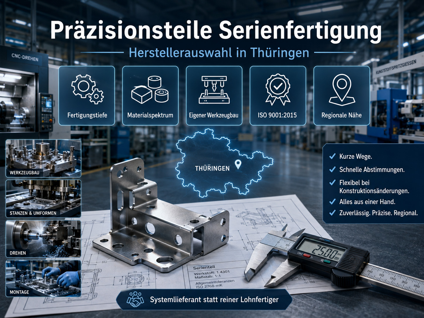 Werbegrafik für die Fertigung von Präzisionsteilen in Thüringen, Deutschland, mit einem Metallteil, einem Messschieber, Industrie-Symbolen und den wichtigsten Vorteilen wie ISO-Zertifizierung, Flexibilität und regionaler Fachkompetenz vor dem Hintergrund einer Fabrik.