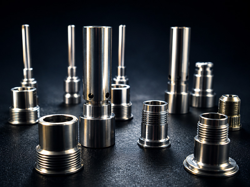 EMG_Drehteile-2 Auf einer dunklen Oberfläche sind mehrere präzisionsgefertigte Metallteile und -komponenten angeordnet, die verschiedene zylindrische Formen, Gewinde und Bohrungen aufweisen und eine glänzende, reflektierende Oberfläche haben.
