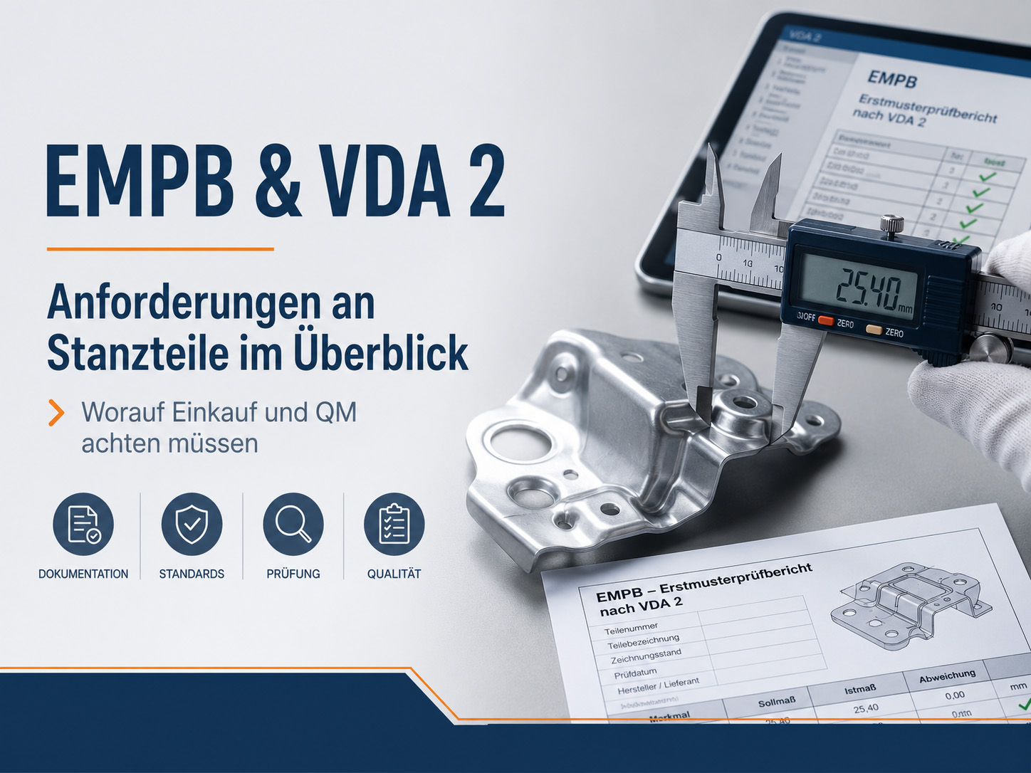 Ein digitales Messschieber misst ein Metallteil neben einem Schild mit der Aufschrift „EMPB – Erstmusterprüfbericht nach VDA 2“. Der Text hebt die Anforderungen an Stanzteile hervor und enthält Symbole für Dokumentation, Normen, Prüfung und Qualität.