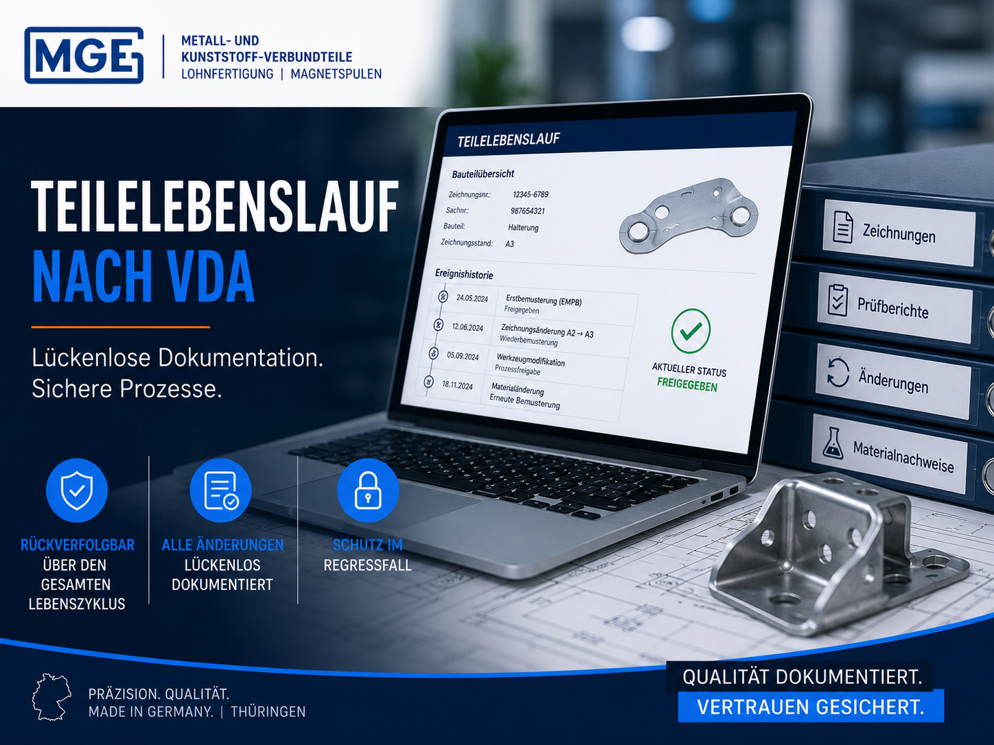 Ein digitales Ablaufdiagramm auf einem Laptop-Bildschirm mit der Bezeichnung „Teillebenslauf nach VDA“. Die umgebenden Symbole stehen für Rückverfolgbarkeit, lückenlose Dokumentation und Schutz. Auf dem Schreibtisch liegen Stapel technischer Unterlagen und ein Metallbauteil.