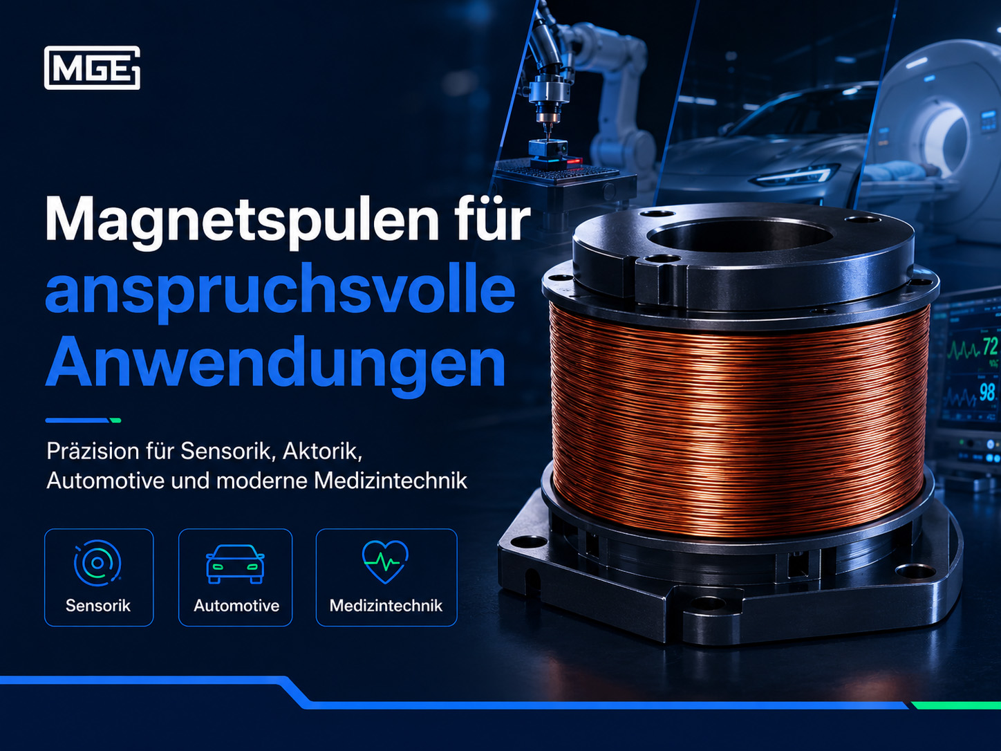 Im Vordergrund ist eine große Kupferspule zu sehen, die mit digitalen Symbolen und deutschen Texten beworben wird, um Magnetspulen für anspruchsvolle Anwendungen in der Sensortechnik, bei Aktuatoren, in der Automobilindustrie und in der modernen Medizintechnik zu präsentieren.