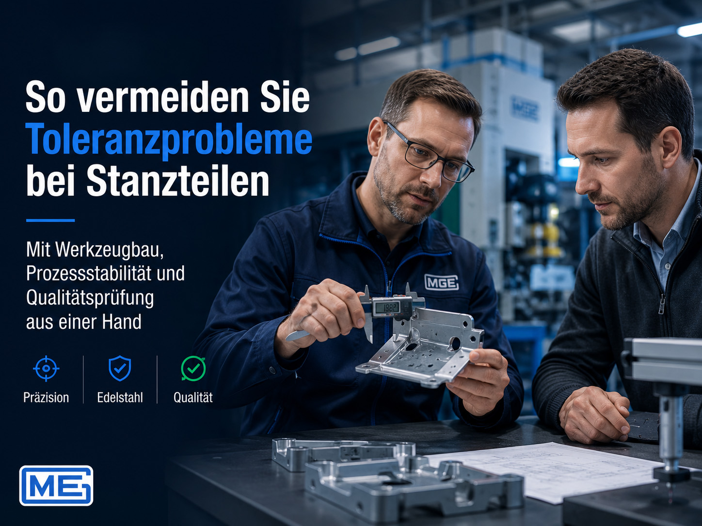 Zwei Männer in einer Fabrik begutachten ein gestanztes Metallteil. Der Text auf Deutsch befasst sich mit der Vermeidung von Toleranzproblemen bei Stanzteilen und erwähnt dabei Präzision, Edelstahl und Qualität. Logos und Symbole heben die wichtigsten Merkmale hervor.