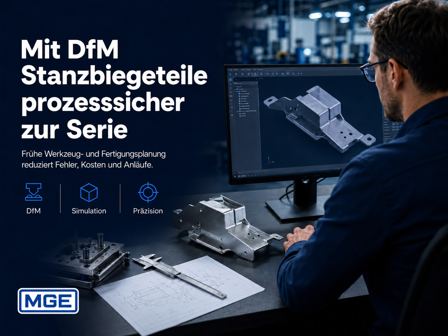 Ein Mann an einem Schreibtisch betrachtet auf einem Computerbildschirm ein 3D-Modell eines gestanzten Metallteils; daneben liegen ähnliche Metallteile, Konstruktionszeichnungen und eine Tastatur. Der Text auf Deutsch befasst sich mit DfM und Prozesssicherheit.