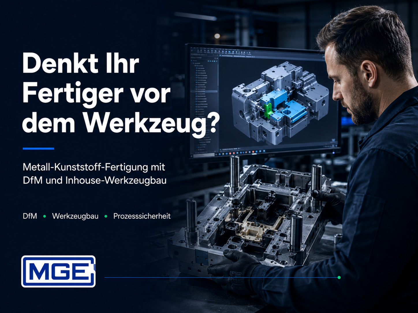 Ein Mann begutachtet in einer Werkstatt ein Metallteil, während auf einem Computerbildschirm ein CAD-Modell des Teils angezeigt wird. Der Text in deutscher Sprache wirbt für die Metall- und Kunststofffertigung sowie den hauseigenen Werkzeugbau von MGE.