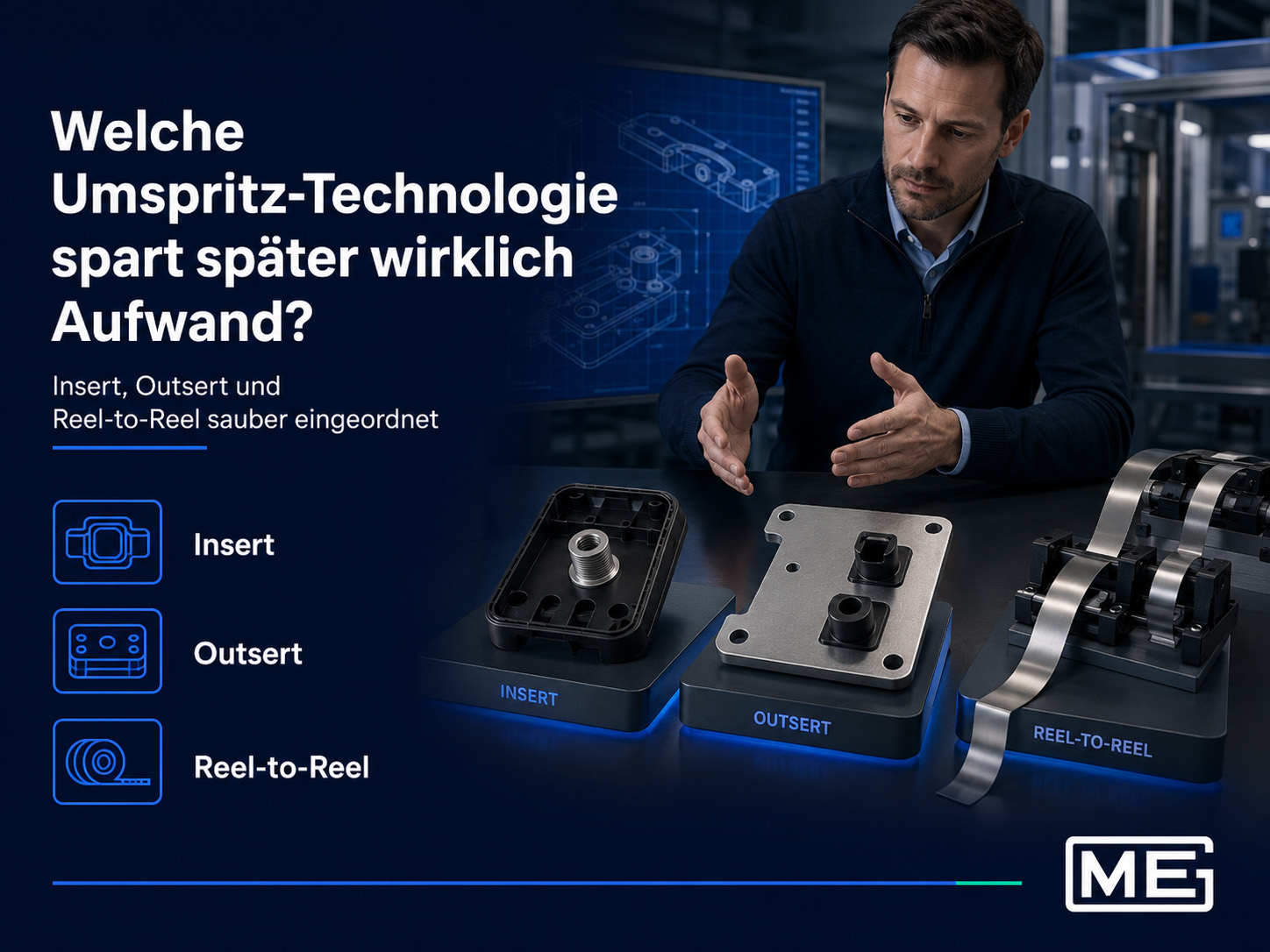 Ein Mann erläutert anhand von beschrifteten Mustern auf einem Tisch drei Spritzgusstechnologien – Insert, Outsert und Reel-to-Reel. Ein Text in deutscher Sprache erläutert, welche Technologie Arbeitsaufwand spart. Links sind technische Diagramme abgebildet.