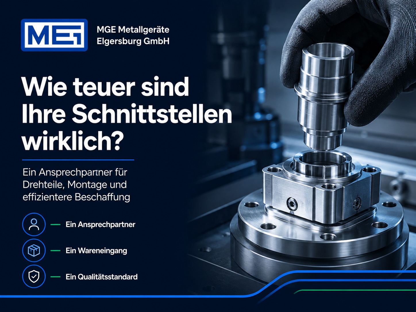 Eine Person bedient eine CNC-Maschine und hält dabei ein Metallteil über eine Spannvorrichtung. Der blaue Text wirbt für die Bearbeitungs- und Beschaffungsdienstleistungen der MGE Metallgeräte Elgersburg GmbH und hebt dabei Aspekte wie einen einzigen Ansprechpartner, den Wareneingang und Qualitätsstandards hervor.