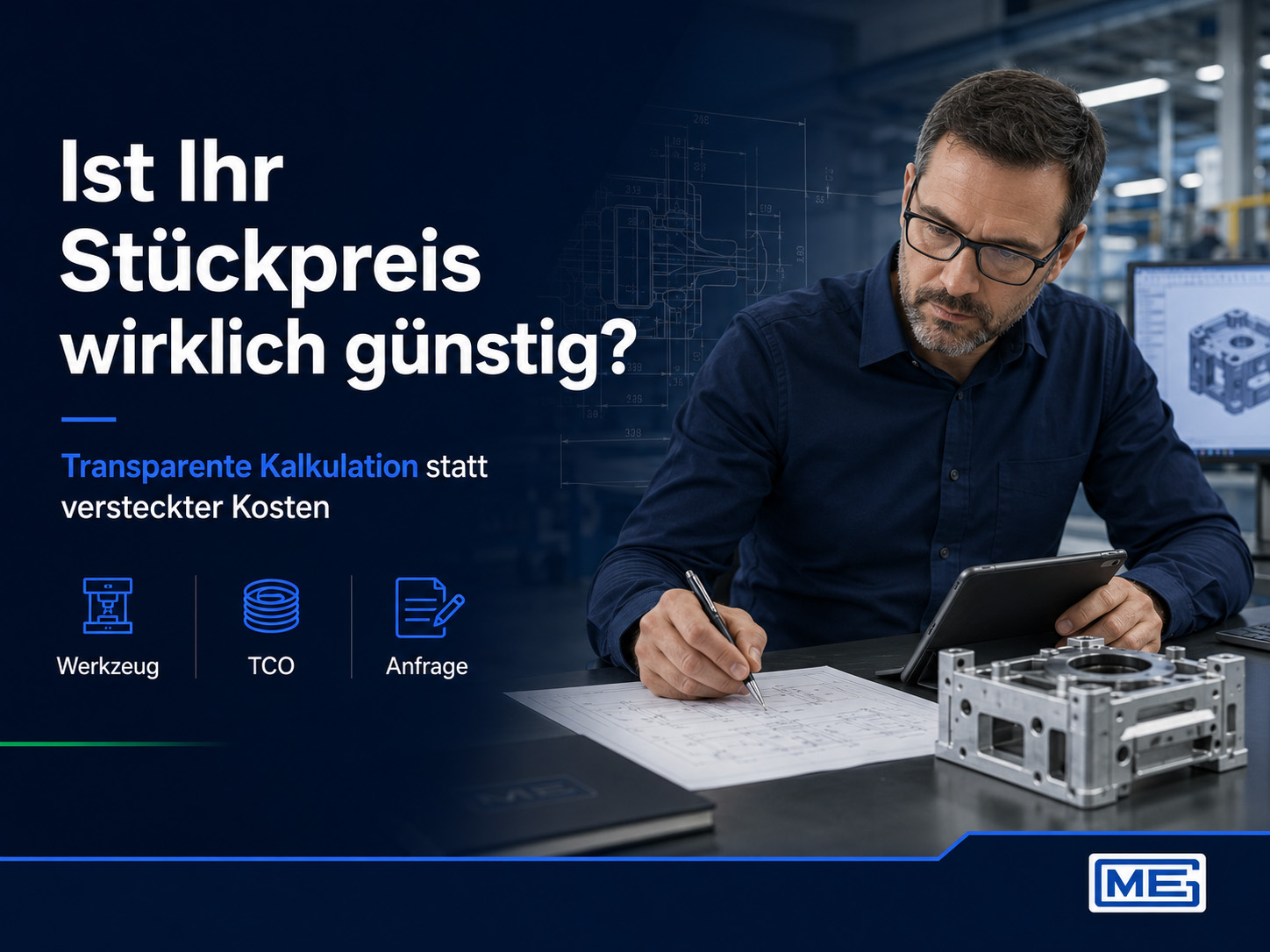 Ein Mann in einem dunklen Hemd macht sich Notizen auf einem Blatt Papier und bedient ein Tablet an einem Arbeitsplatz mit einem Metallbauteil. Ein deutscher Text fragt: „Ist Ihr Stückpreis wirklich günstig?“, und wirbt damit für eine transparente Kalkulation statt versteckter Kosten. Die Symbole zeigen Werkzeuge, TCO und eine Anfrage.