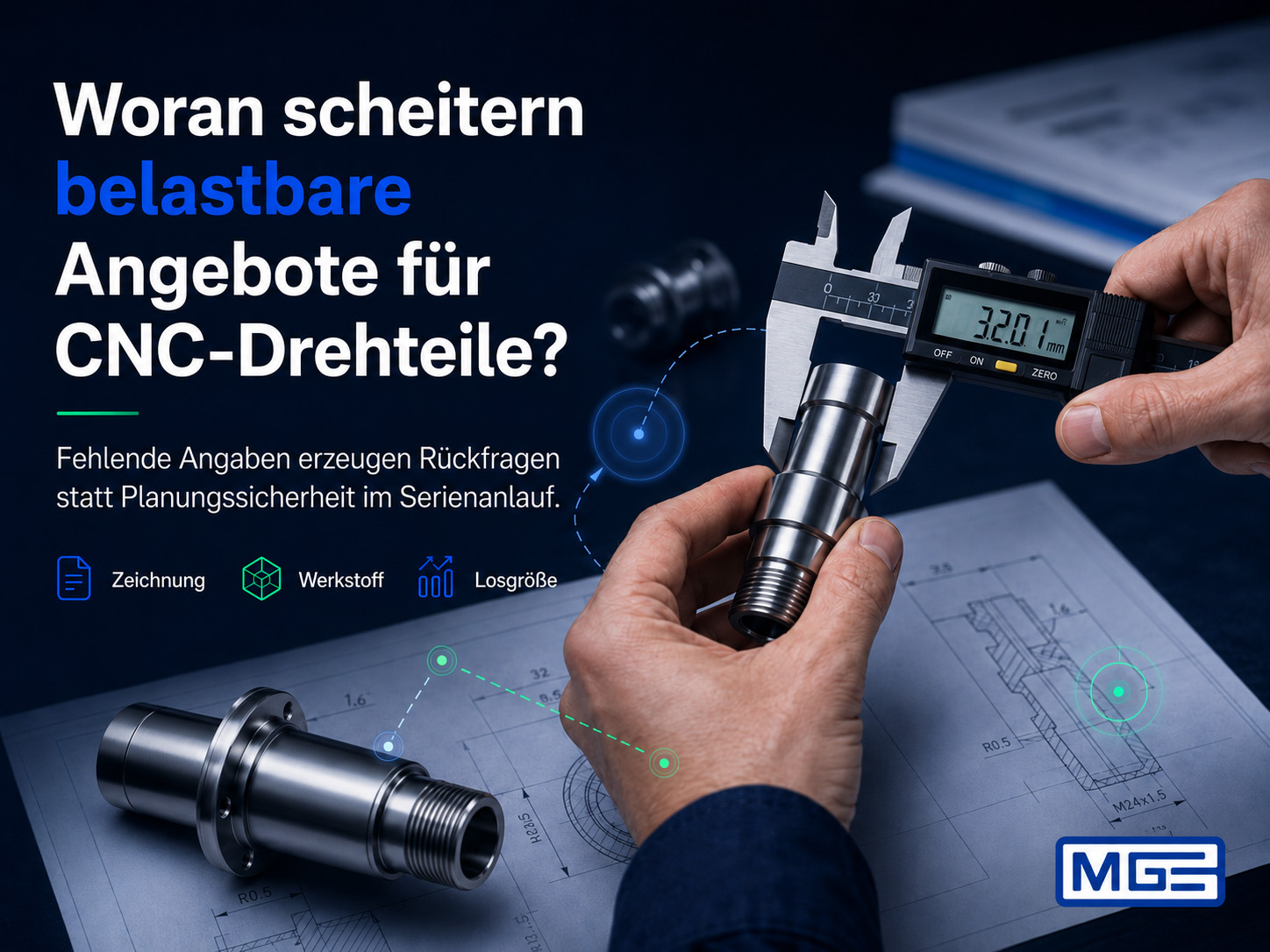 Eine Person misst ein CNC-gedrehtes Metallbauteil mit einem Messschieber anhand von technischen Zeichnungen; der Text in deutscher Sprache erörtert die Herausforderungen bei der Erstellung zuverlässiger Angebote für CNC-gedrehte Bauteile und hebt dabei fehlende Informationen als Problem hervor.