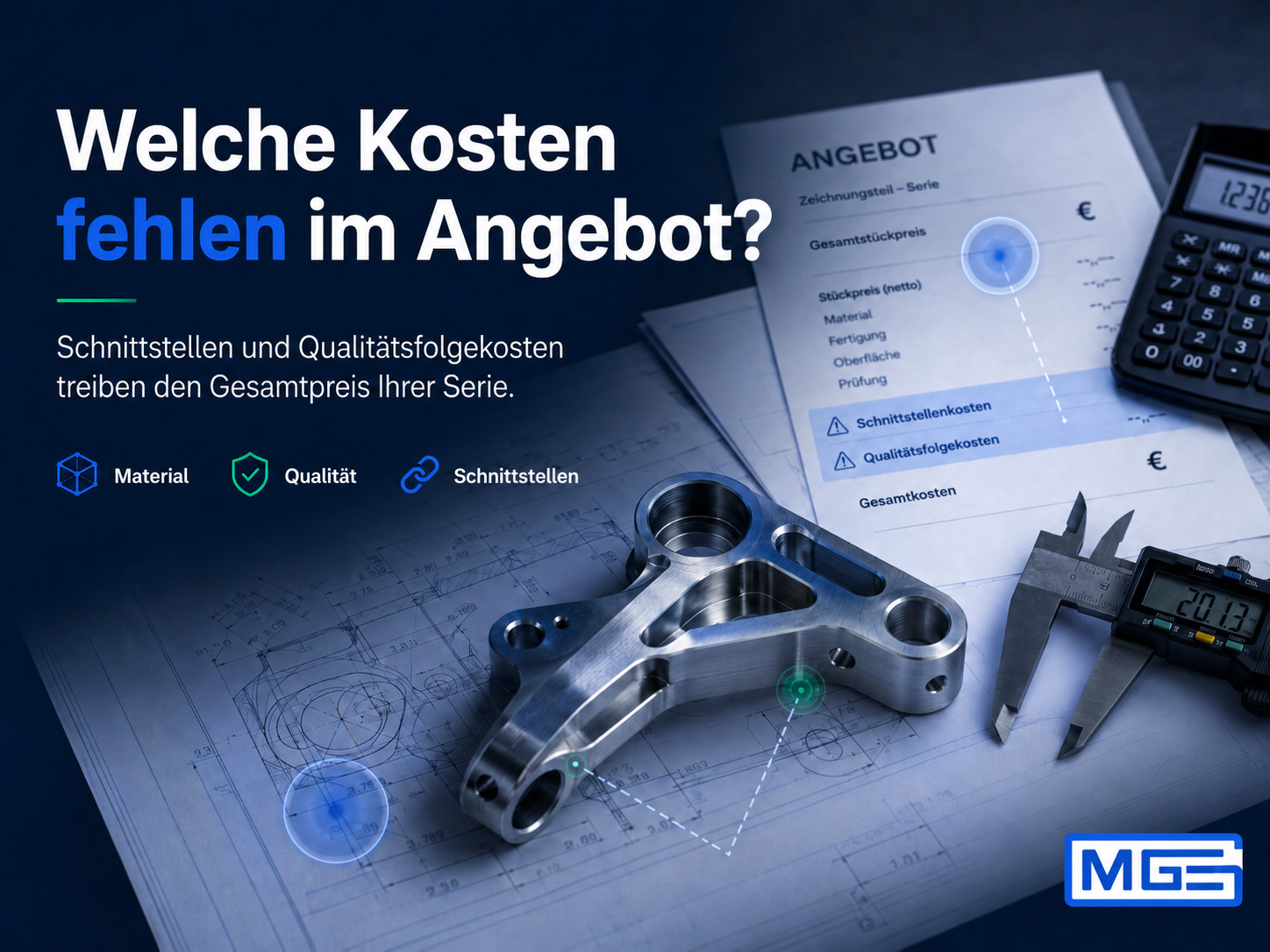 Ein metallisches Maschinenteil ist auf technischen Zeichnungen abgebildet, umgeben von einem Messschieber, einem Taschenrechner und einem Stift. Der Text in deutscher Sprache befasst sich mit fehlenden Kosten in Angeboten und hebt dabei Material-, Qualitäts- und Schnittstellenkosten hervor. Das MGS-Logo ist zu sehen.